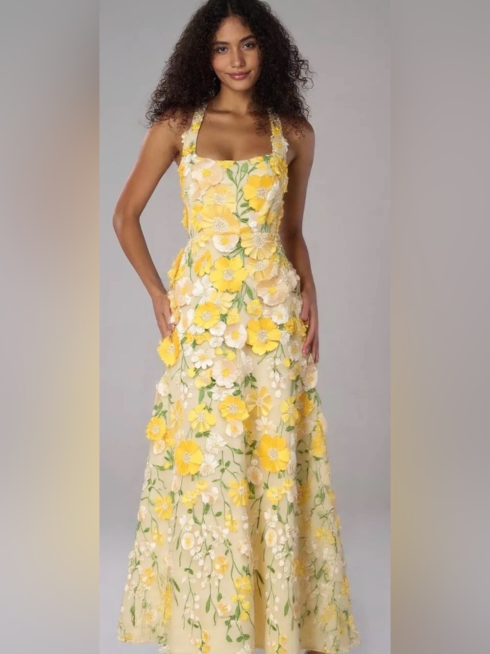 AUW White Dress with Green and Gold Embroidered Floral Detail